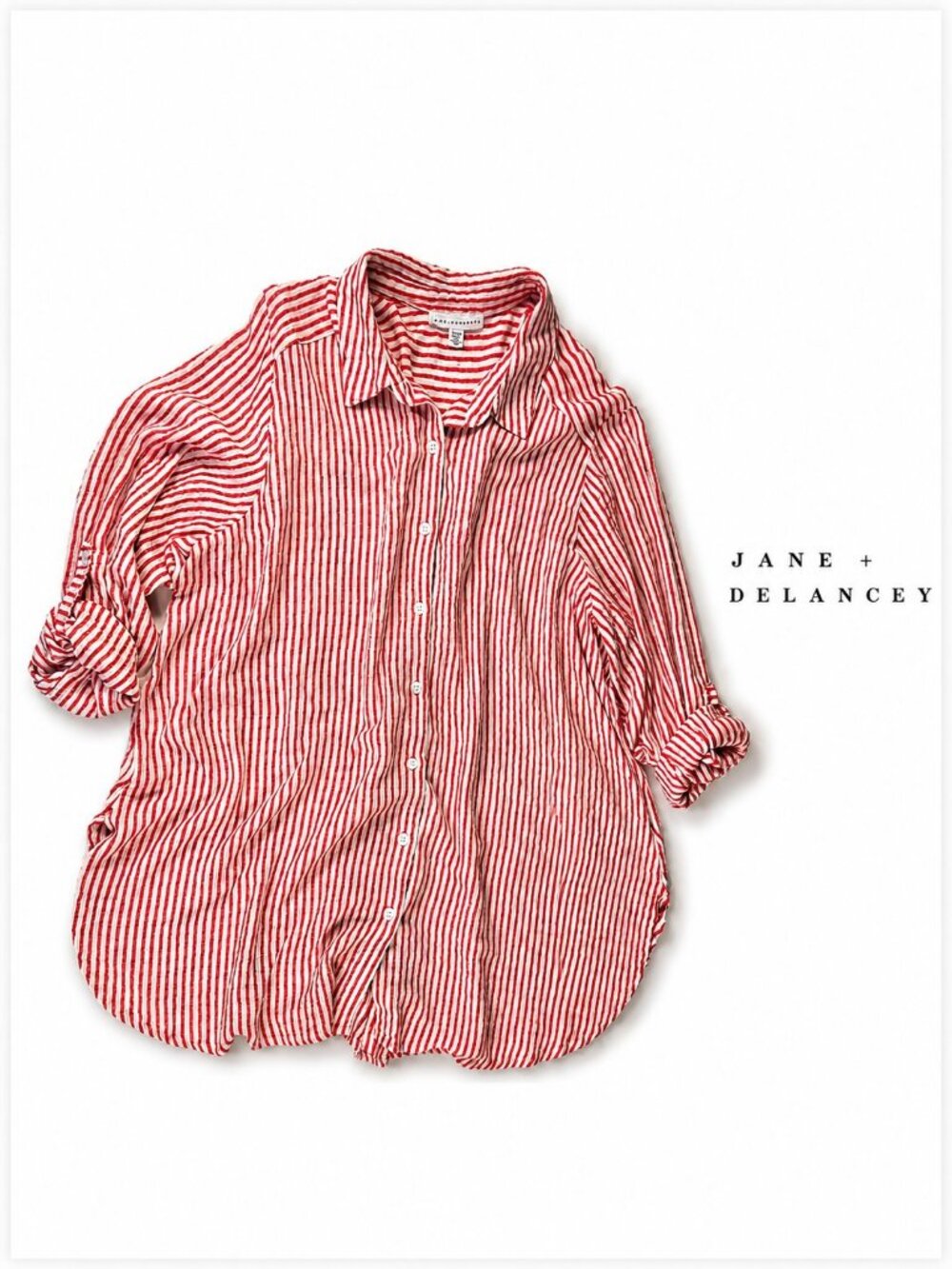 Jane + Delancey Red White Striped Button Front Roll Tab Blouse 2X